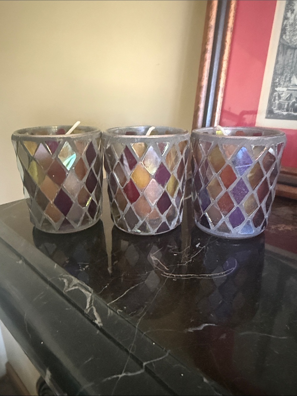 Element Mosaic Glass Votive Trio in Purple, Gold, Amber